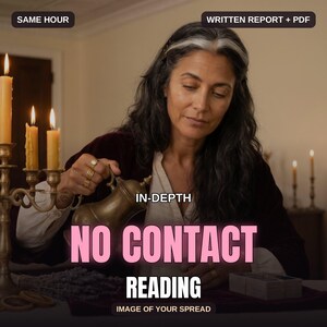 May include: A person with dark hair featuring a silver streak, wearing a dark velvet jacket and white shirt, pours from a brass pitcher. Text overlays read SAME HOUR, WRITTEN REPORT + PDF, IN-DEPTH, NO CONTACT READING, and IMAGE OF YOUR SPREAD.