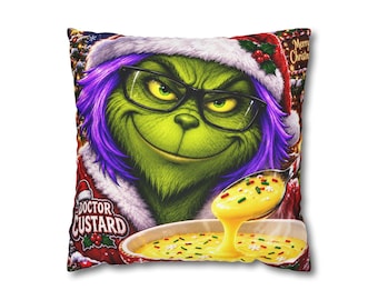 Grinch with Custard Illustration Pillowcase | Square Poly Canvas Pillowcase
