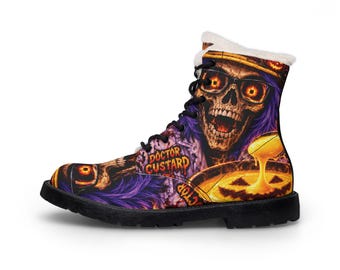 Halloween Skeleton Pouring Custard boots | Fur Lined Leather Boots