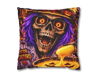 Skull Witch with Purple Hair pillowcase | Square Poly Canvas Pillowcase, Halloween Decor