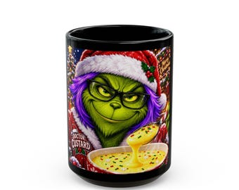 Grinch in Santa Hat with Custard Mug | Black Ceramic Coffee Cup