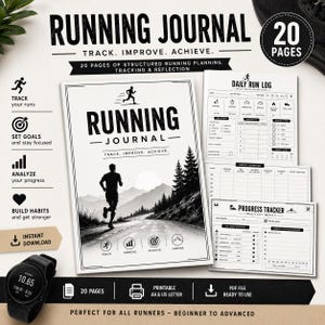 May include: A 20-page running journal featuring a cover with a runner on a road, mountains, and the text Running Journal Track. Improve. Achieve. Includes daily run logs, weekly overviews, and progress trackers with icons for tracking, goals, and habits.