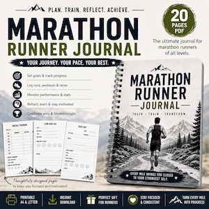 Puede incluir: Un diario de maratón con encuadernación en espiral y una portada que muestra a un corredor en una carretera de montaña. El diario incluye 20 páginas PDF con secciones para el seguimiento del entrenamiento semanal, carreras largas y días de carrera.