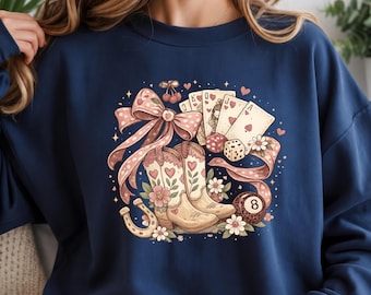 Felpa western Coquette, camicia con fiocco e stivali da cowgirl, felpa girocollo da cowgirl western carina, felpa con cappuccio Gamble con stivali da cowboy, regalo per ragazza di campagna