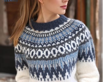 Trui met Fair Isle-kleuren | Noorse merinowollen trui (handgebreid)