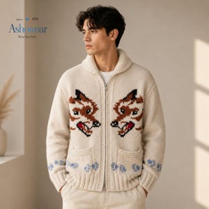 Gilet en laine tricotée pour homme, style renard, pull à col châle zippé, veste en grosse maille style Cowichan, gilet vintage style grand-père, confortable pour l'hiver