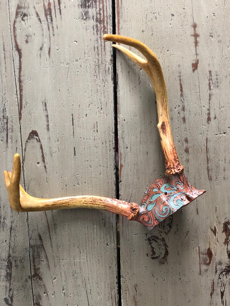 Real Deer Antler Rack Hand Painted Copper and Teal image 1