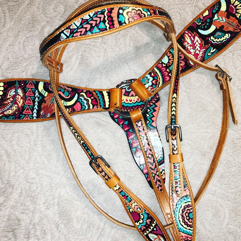 Custom Painted Brow Band Headstall Western Horse Tack image 4