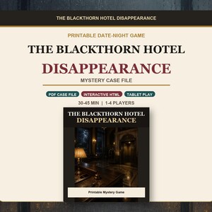 Juego de misterio de la desaparición del Hotel Blackthorn, expediente imprimible para una cita romántica, juego para tablet sin necesidad de imprimir.