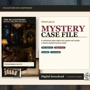 Printable Mystery Game for Date Night, Blackthorn Hotel Detective Case File, No Print Tablet Play