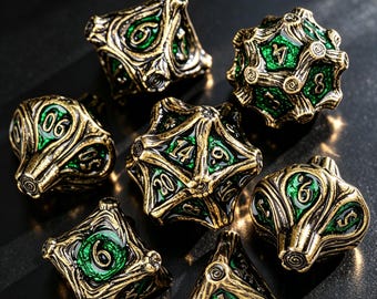 Solid Metal Wood Grain Dice Set, 7PCS DND Dice with Storage Box, Polyhedral Dice for Tabletop RPG, Unique Gift for Gamers & Collectors