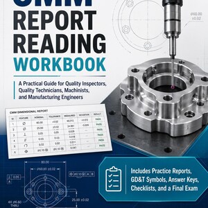 May include: A CMM Report Reading Workbook cover featuring a metallic industrial part being measured by a probe. The text reads CMM REPORT READING WORKBOOK, A Practical Guide for Quality Inspectors, Quality Technicians, Machinists, and Manufacturing Engineers, and Includes Practice Reports, GD&T Symbols, Answer Keys, Checklists, and a Final Exam.