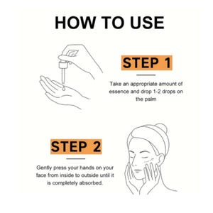 May include: A black and white instructional graphic titled HOW TO USE. Step 1 shows a dropper dispensing liquid into a palm. Step 2 shows hands pressing against a face. Text reads: Take an appropriate amount of essence and drop 1-2 drops on the palm.