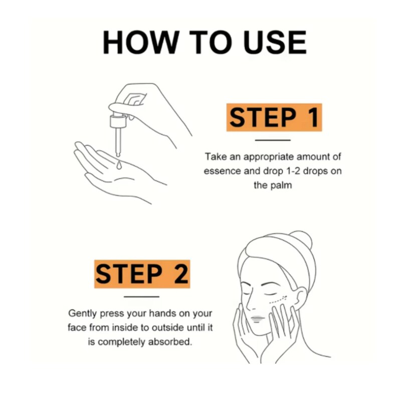 May include: A black and white instructional graphic titled HOW TO USE. Step 1 shows a dropper dispensing liquid into a palm. Step 2 shows hands pressing against a face. Text reads: Take an appropriate amount of essence and drop 1-2 drops on the palm.