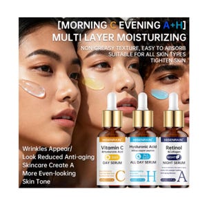 May include: Three amber glass dropper bottles labeled HISENRAIN Vitamin C Day Serum, Hyaluronic Acid All Day Serum, and Retinol Night Serum. Each bottle features a gold cap and white label with black text, standing against a background of faces.