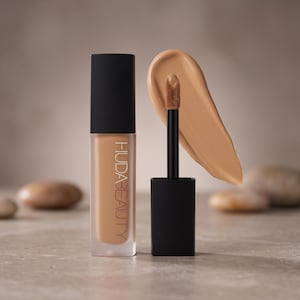 Puede incluir: Un frasco rectangular de vidrio de base de maquillaje l&iacute;quida Huda Beauty con tapa negra y un aplicador negro a juego. El aplicador tiene una punta de esponja suave cubierta de base l&iacute;quida color canela claro y una muestra a juego.
