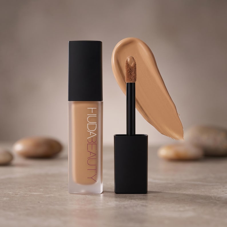 Puede incluir: Un frasco rectangular de vidrio de base de maquillaje l&iacute;quida Huda Beauty con tapa negra y un aplicador negro a juego. El aplicador tiene una punta de esponja suave cubierta de base l&iacute;quida color canela claro y una muestra a juego.
