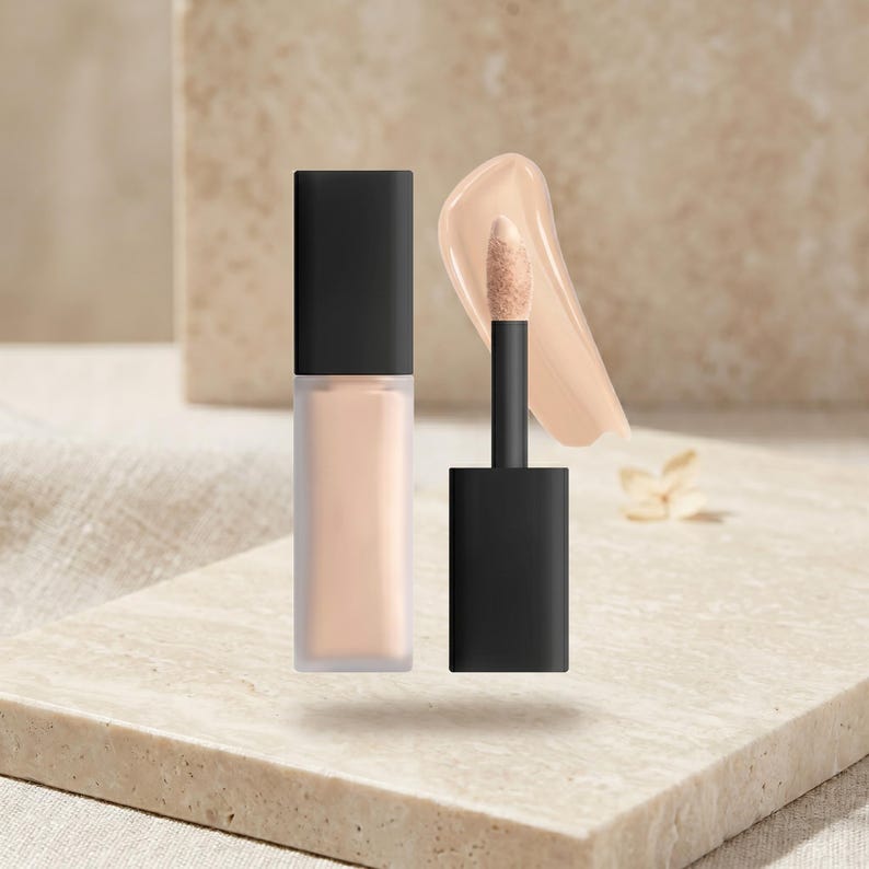 Puede incluir: Un corrector l&iacute;quido en un frasco rectangular de vidrio esmerilado con tapa negra, acompa&ntilde;ado de un aplicador negro con punta de esponja beige, cubierto con un producto cosm&eacute;tico l&iacute;quido cremoso de tono claro.