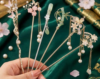 Floral Pearl Hair Sticks Set: Retro Palace Style Hairpins