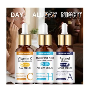May include: Three 60ml amber glass dropper bottles labeled HISENRAIN. The left bottle is Vitamin C & Hyaluronic Acid Day Serum, the center is Hyaluronic Acid & Blue Copper Peptide All Day Serum, and the right is Retinol & Collagen Night Serum.
