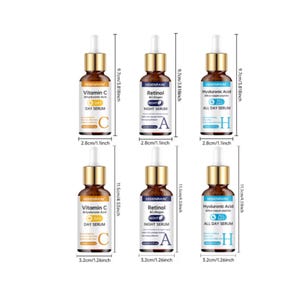 May include: Six amber glass dropper bottles labeled Hisenrain with gold caps. Top row bottles are 3.818 inches tall and 1.1 inches wide. Bottom row bottles are 4.53 inches tall and 1.26 inches wide. Labels feature Vitamin C, Retinol, and Hyaluronic Acid.