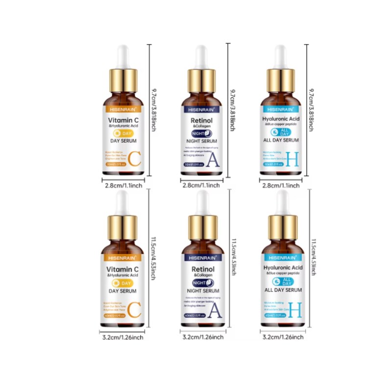 May include: Six amber glass dropper bottles labeled Hisenrain with gold caps. Top row bottles are 3.818 inches tall and 1.1 inches wide. Bottom row bottles are 4.53 inches tall and 1.26 inches wide. Labels feature Vitamin C, Retinol, and Hyaluronic Acid.
