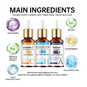 May include: Three 2.02 fl oz amber glass dropper bottles labeled HISENRAIN for Day, All Day, and Night use. The labels list Vitamin C, Hyaluronic Acid, Blue copper peptide, Retinol, and Collagen. Surrounding circles show ingredients like Niacinamide, Centella Asiatica, Aqua, Retinol, Tocopherol, and Hyaluronic Acid.