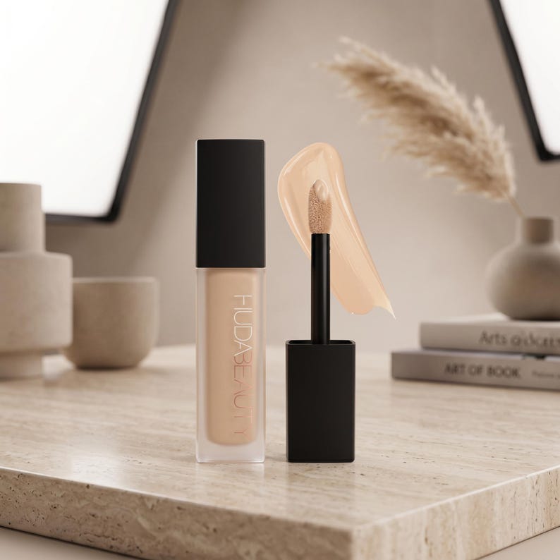 Puede incluir: Un corrector l&iacute;quido Huda Beauty en un tubo rectangular transparente con tapa negra. Al lado, un aplicador negro sostiene una muestra de corrector l&iacute;quido beige claro. El nombre de la marca Huda Beauty est&aacute; impreso verticalmente en el tubo.