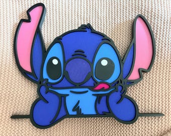 Decoración de pared de Stitch y Angel / Arte de pared de personajes 3D hecho a mano / Decoración de habitación infantil / Decoración de guardería / Lindo adorno de pared inspirado en dibujos animados / Regalo para