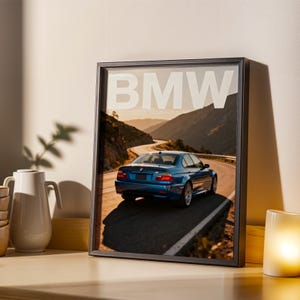 BMW M3 E46 Poster – Modern Automotive Photography, Laguna Seca Blue, Black and Golden Hour