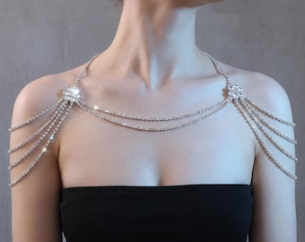 Multi Layer Tassel Body Chain Shoulder Necklace, Bridal Wedding Back Chain Jewelry, Festival Party Club Harness