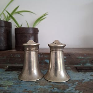 May include: A pair of silver-toned metal salt and pepper shakers with a flared base and a smooth, polished finish. One shaker features a domed top with small holes, while the other has a solid, smooth domed top, both standing upright.
