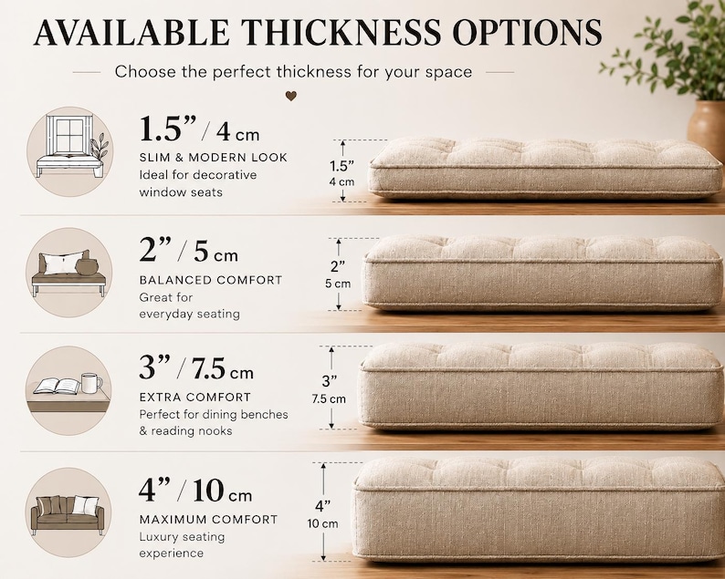 May include: A beige tufted bench cushion shown in four thickness options: 1.5 inches, 2 inches, 3 inches, and 4 inches. The image displays the text AVAILABLE THICKNESS OPTIONS and labels each cushion with its corresponding imperial and metric measurement.