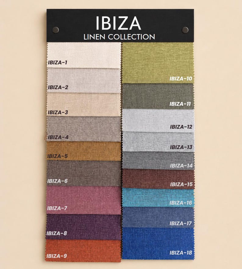 May include: A fabric swatch sample card titled IBIZA LINEN COLLECTION featuring eighteen rectangular linen swatches arranged in two columns. Each swatch is labeled with a specific code from IBIZA-1 to IBIZA-18, displaying a variety of colors including neutrals, greens, blues, and warm tones.