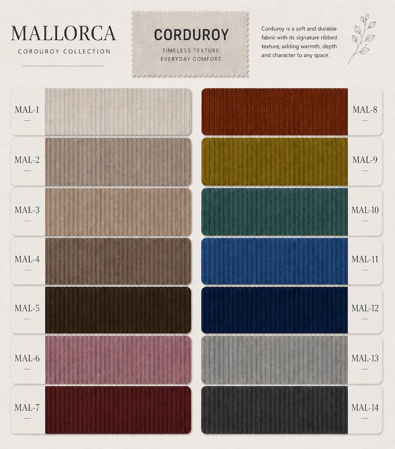 May include: A color swatch chart for the Mallorca Corduroy Collection featuring fourteen rectangular fabric samples with a ribbed texture. Colors include beige, tan, brown, pink, red, rust, olive, teal, blue, navy, gray, and charcoal, labeled MAL-1 to MAL-14.