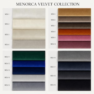 May include: The Menorca Velvet Collection features nineteen rectangular fabric swatches arranged in four columns. Each swatch is labeled with a code from MEN-1 to MEN-19, displaying a variety of colors including white, beige, gray, brown, orange, pink, purple, green, blue, and black.