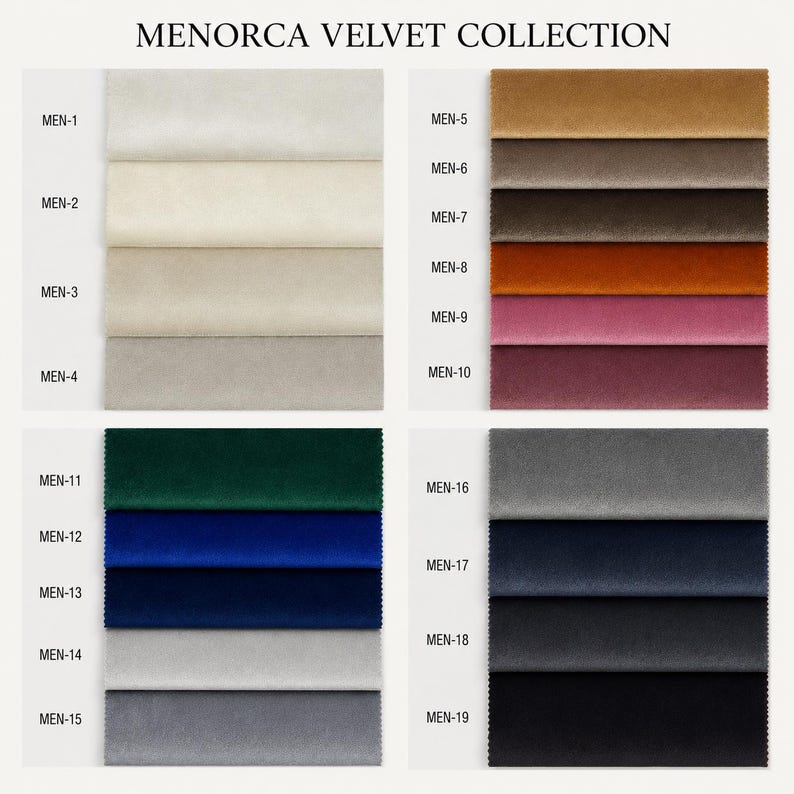 May include: The Menorca Velvet Collection features nineteen rectangular fabric swatches arranged in four columns. Each swatch is labeled with a code from MEN-1 to MEN-19, displaying a variety of colors including white, beige, gray, brown, orange, pink, purple, green, blue, and black.