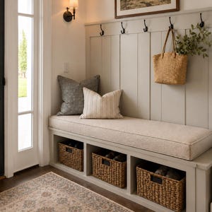 May include: A light gray entryway bench with a cushioned seat, three open storage cubbies containing woven baskets, and a vertical paneled backboard featuring four black metal hooks. A straw tote bag hangs from one hook, with two throw pillows.