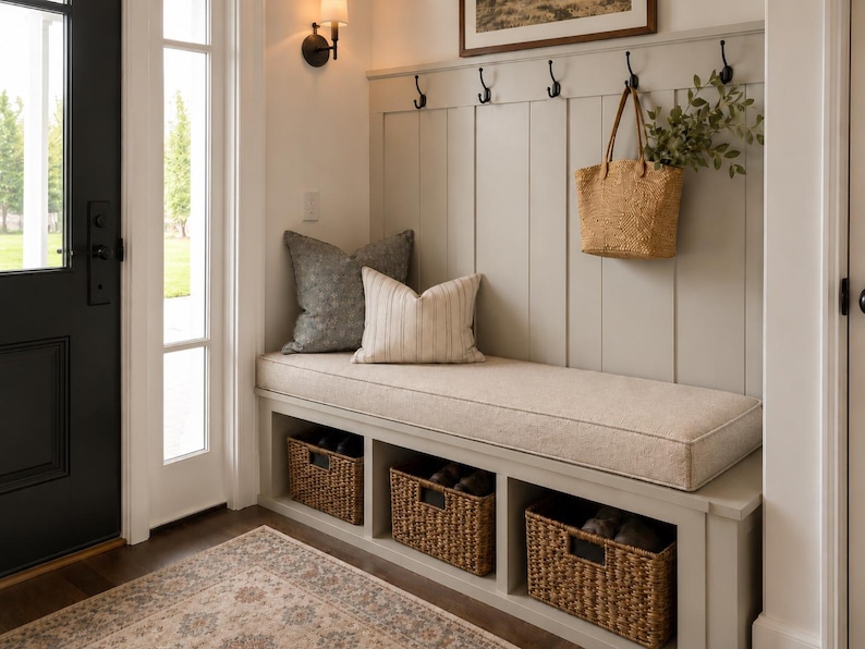 May include: A light gray entryway bench with a cushioned seat, vertical paneling, and four black metal hooks. Three woven baskets are stored in the lower cubbies. Two decorative pillows sit on the bench, and a woven tote bag hangs on a hook.