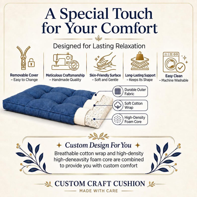 May include: A blue tufted cushion with a cutaway view showing a durable outer fabric, soft cotton wrap, and high-density foam core. Text includes A Special Touch for Your Comfort, Designed for Lasting Relaxation, and Custom Craft Cushion.