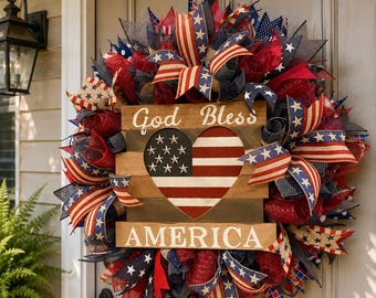 Handmade Patriotic Door Wreath, 4th of July God Bless America Wreath, USA Flag Front Door Decor, Independence Day Wreath