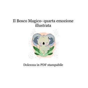 Può includere: Un'illustrazione digitale di un koala grigio chiaro con occhi chiusi e guance rosa, immerso in foglie verdi. Il testo recita: Il Bosco Magico- quarta emozione illustrata e Doltezza in PDF stampabile. Lo sfondo è di colore pesca.