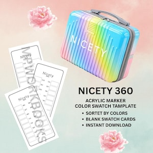Könnte beinhalten: Ein regenbogenfarbener Hartschalenkoffer mit dem Wort NICETY auf der Vorderseite, begleitet von drei weißen Papierbögen mit dem Text NICETY 360, ACRYLIC MARKER COLOR SWATCH TAMPLATE, SORTET BY COLORS, BLANK SWATCH CARDS und INSTANT DOWNLOAD.