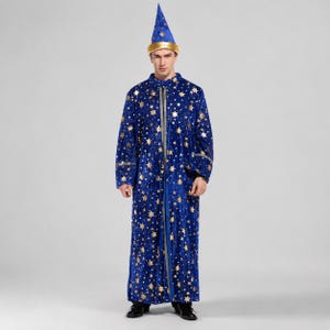 May include: A long-sleeved blue robe featuring a gold star pattern throughout, paired with a matching pointed cone-shaped hat that has a gold band at the base. The robe is floor-length and includes a vertical silver-toned zipper closure at the front.