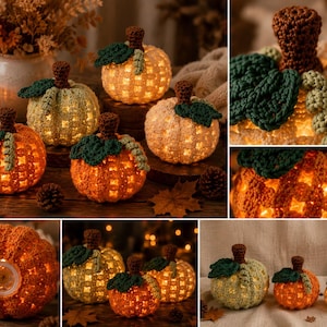 May include: A collection of crocheted pumpkins in shades of orange, cream, and light green, each featuring a dark brown stem and dark green leaves. These hollow, light-up decorations emit a warm glow through their textured, open-stitch patterns.