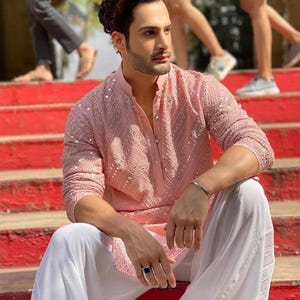 Men's Peach Chikankari Kurta with Mirror Work Party wear Men’s Suit