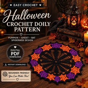 Patrón PDF de tapete de ganchillo de Halloween, tapete de mesa de calabaza, fantasma y murciélago, diseño de ganchillo filet de fantasma con telaraña, tapete redondo de 18 a 20 pulgadas,