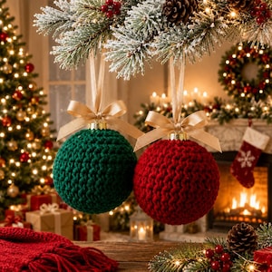 May include: Two spherical Christmas ornaments, one dark green and one deep red, both featuring a textured crochet knit pattern. Each ornament is topped with a gold metal cap and a tied champagne-colored satin ribbon for hanging purposes.