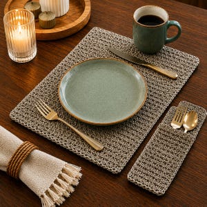 May include: A rectangular beige crocheted placemat and a matching rectangular utensil holder. The set includes a light green ceramic plate, a gold-toned fork, a gold-toned knife, a gold-toned spoon, and a beige fringed napkin with a brown cord ring.