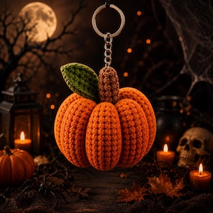 May include: A crocheted pumpkin keychain featuring a bright orange, ribbed body, a brown stem, and a single green leaf. The pumpkin is attached to a silver-toned metal split ring by a short chain, allowing it to hang vertically as a decorative accessory.
